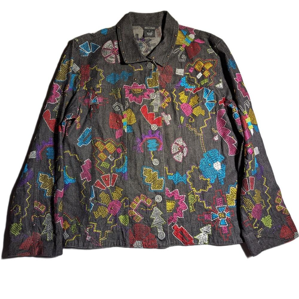 Vtg Y2K Multiples Black Denim Colorful Floral Embroidered Button Up Jacket Sz L